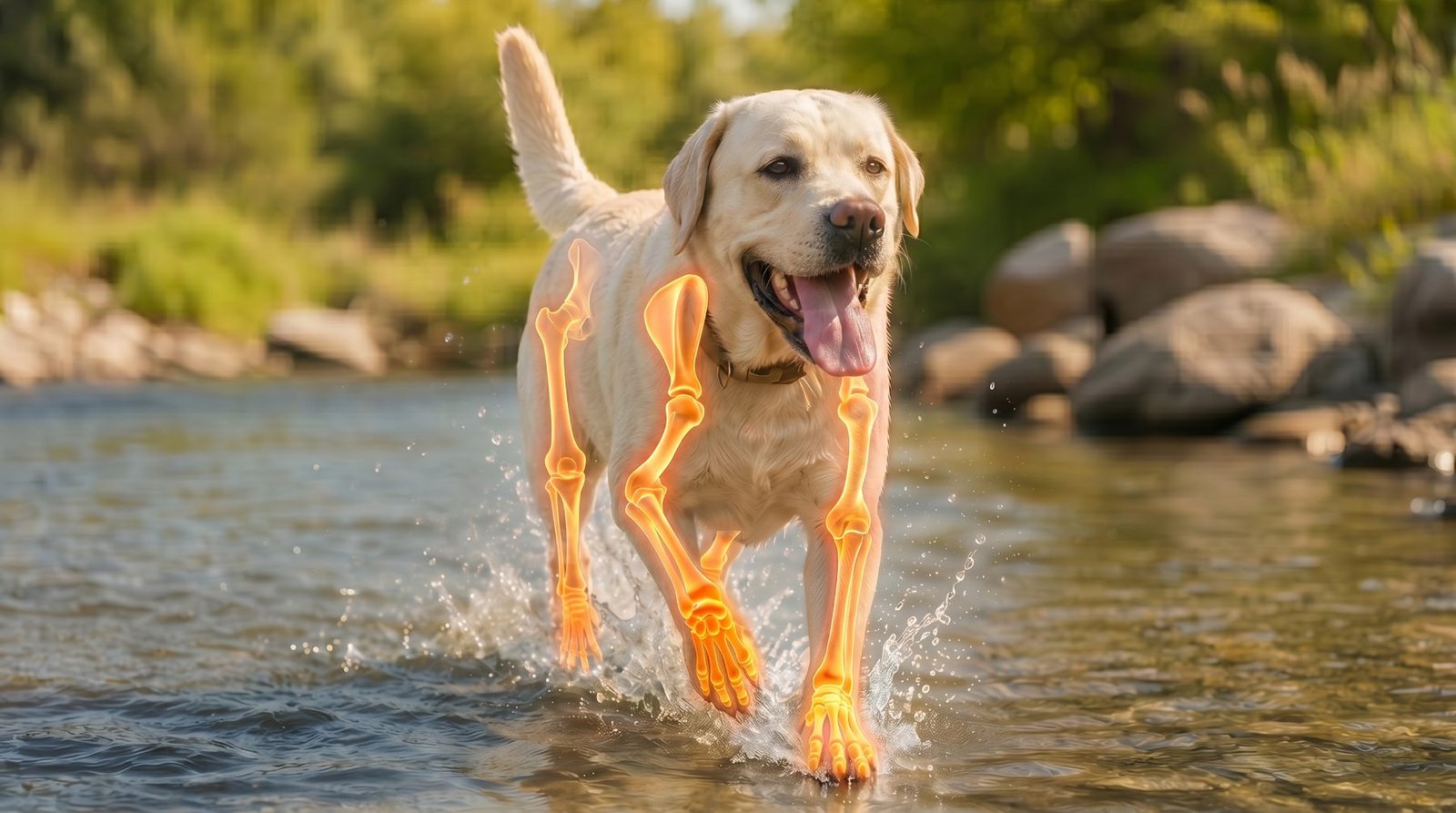 Labrador care merge prin apă, cu oasele membrelor luminate